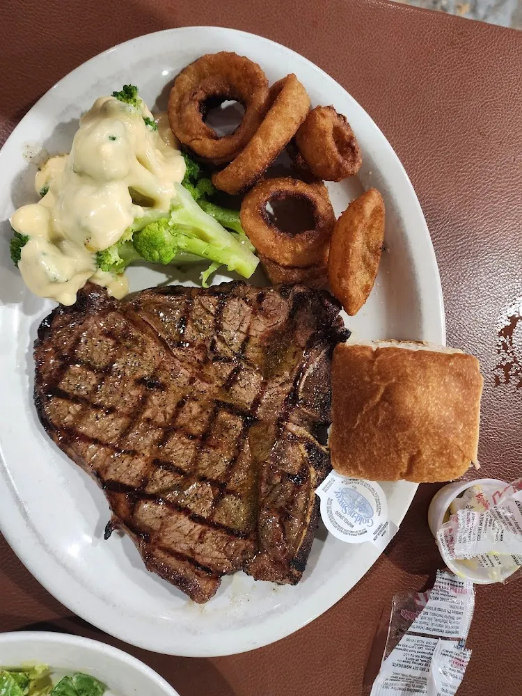 T-Bone Broccoli w Cheese and Onion Rings